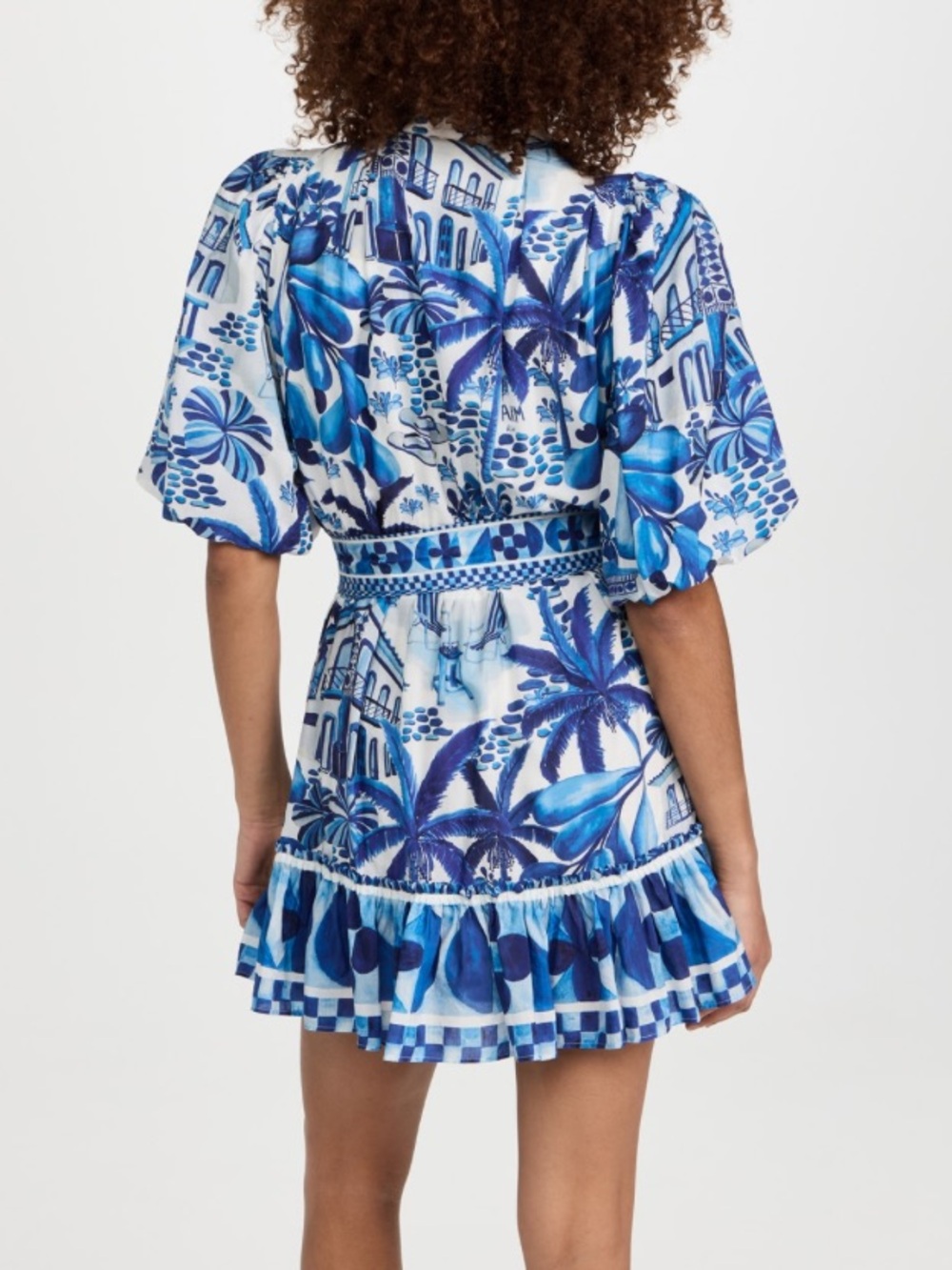 NEW FARM Rio Sweet Rio Mini Dress Tropical Beaded Belt Blue Off White Size L - Picture 4 of 16